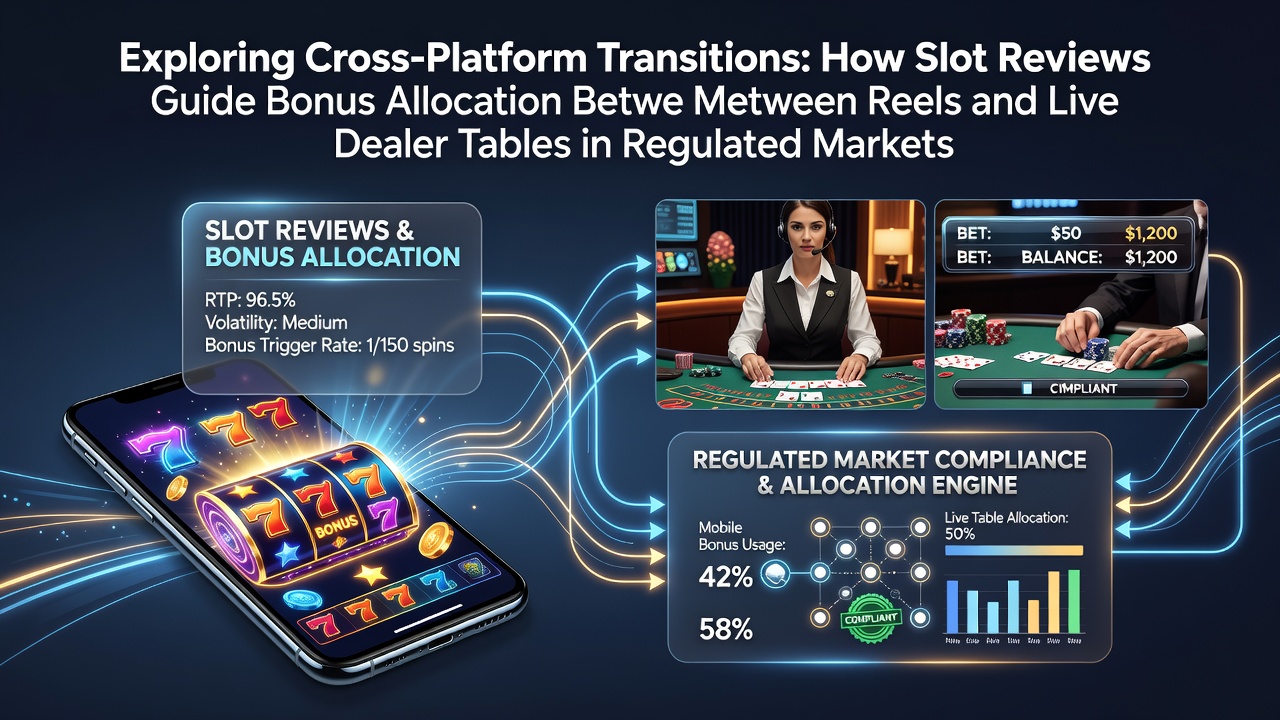 Darstellung plattformübergreifender Übergänge zwischen mobilen Walzen und Live-Dealer-Tischen mit Fokus auf Bonusallokation in regulierten Märkten