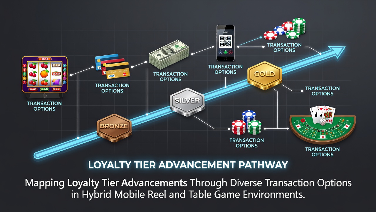 Darstellung hybrider mobiler Spielumgebungen mit Walzen- und Tischspielen sowie Transaktionsoptionen für Loyalitätsfortschritte